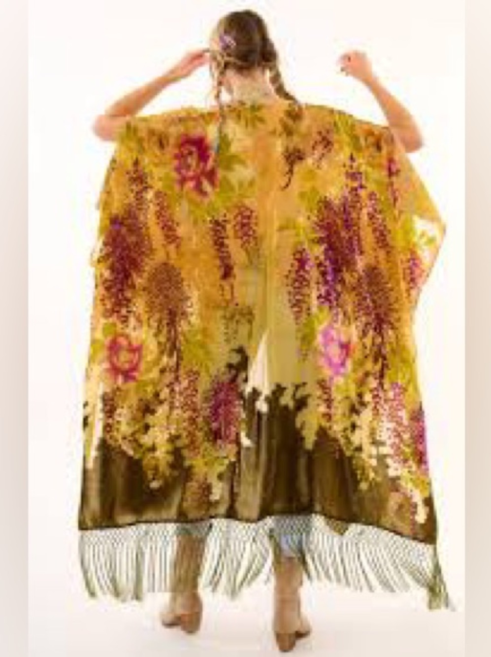 Aratta Forrest Goddess Womens Floral Fringe Kimono Jacket - Yellow
